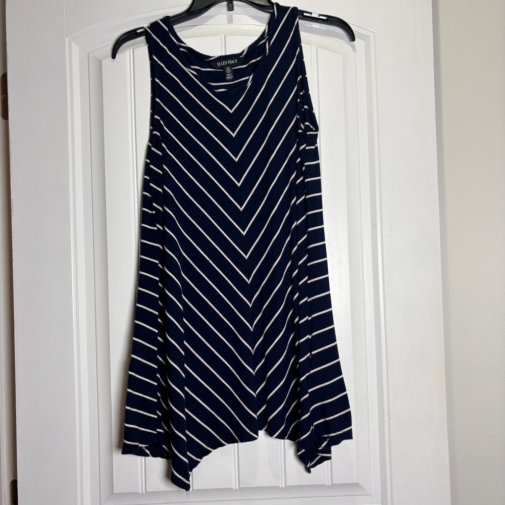 Ellen Tracy Tank Top Womens Medium Blue Striped Handkerchief Hem
